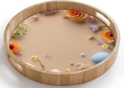 Dienblad rond 40x40 cm - Schootdienblad hout - Bloemen - Pastelkleuren - Paaseieren - Taupe - Borrelplank rechthoek - Plateau houten dienbladen