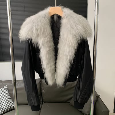 Manteau en fourrure de raton laveur à taille haute pour femme, veste en duvet à grand col en fourrure, nouveau style M gris