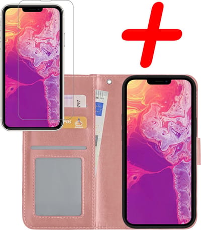 Hoesje Met Screenprotector - Geschikt voor Apple iPhone 14 - Luxe Pasjeshouder - Bookcase Portemonee - Flip Case - Kunstleer Book Case - Flipcase - Book Cover - Walletcase - Portemonneehoes - Rosé goud