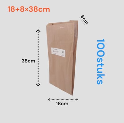 Papieren Zakjes - 100 stuks - bruin - 18x8x38 cm - met Zijvouw - Voor Brood, Fruit, Cadeaus & Koekjes