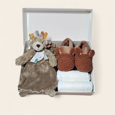 Luxe kraamcadeau – met luiers, Apollo slofjes en Leeuwtje Tuttle van Happy Horse