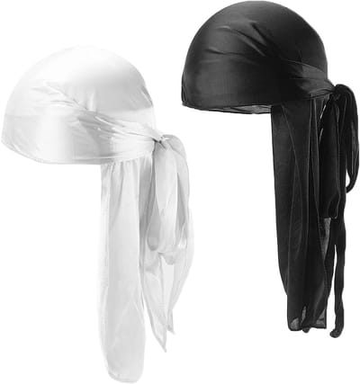 Unisex Durag 2-Pack met Lange Staart en Brede Bandjes voor Hip Hop Stijl en Dagelijks Gebruik (Zwart + Wit)