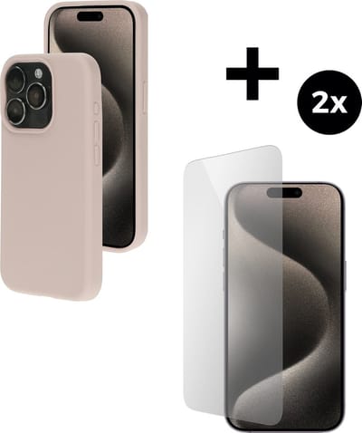 Mobiparts Silicone Cover hoesje geschikt voor Apple iPhone 15 Pro met 2 Screenprotectors van Gehard Glas - Roze/Beige