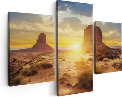 Artaza Canvas Schilderij Drieluik Zonsondergang In Woestijn Monument Valley  - 90x60 - Foto Op Canvas - Canvas Print