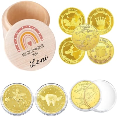 Dailygoods- Tandenborstelhouder - Houten Melktandendoos - Gouden Muntenset - Schattig Cadeau - Veilig Natuurlijk Hout - Voor Kinderen - Tandendoos