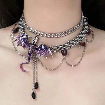 Gothic Paarse Vliegende Draak Choker Ketting Voor Vrouwen Kristal Meerlaags Metalen Ketting Kraag Choker Ketting Voor Feest Punk Sieraden gray