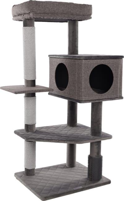 Krabpaal – Flamingo Fulgur Grijs – 76x58x125 cm – luxe krabpaal met schuilplaats, mand & massageborstel – kattenmeubel met krabtouw & kussen – voor alle kattenrassen
