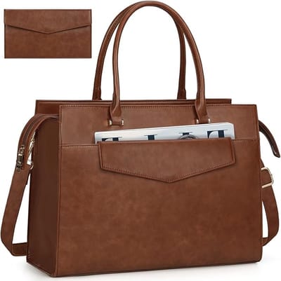 Famanu - Laptoptassen voor vrouwen 15,6 inch, dames draagtas, synthetisch materiaal designer laptop handtas, grote werktas met envelop, clutch tas voor kantoor en school, Kleur: Bruin (vintage)