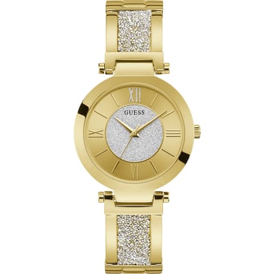 Guess Dames Quartz Horloge, Roestvrijstalen Kast, Roestvrijstalen Band, Kwarts Uurwerk, Waterdicht, Voor Dagelijkse Bijeenkomsten W1288L2