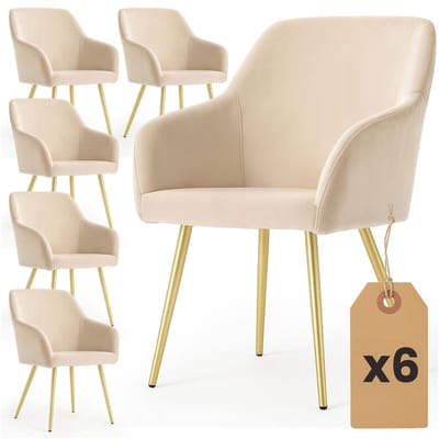 Set van 6 Eetkamerstoelen ESTELLE met Armleuningen / Gestoffeerde Stoelen / Fluwelen Stoelen en Metalen Poten / Beige met gouden benen