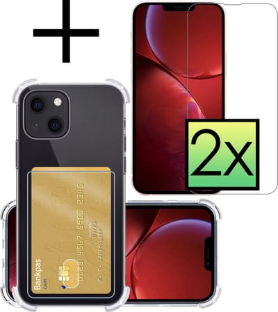 Hoesje - Geschikt voor Apple iPhone 14 - Met 2x Screenprotector - Pashouder - Kaarthouder - Telefoon Hoes Shockproof - Siliconen Case - Back Cover - Shock Proof - Pasjes Houder - Transparant