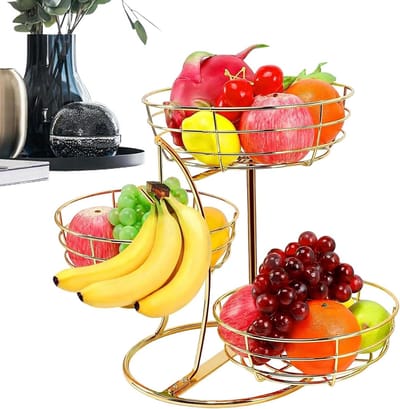 Genérico Fruitstandaard, 3 etages van metaal met bananenhaken, fruitrekken voor keukenwerkbladen, voor eetkamer, thuis, keuken, opslag van aardappelen, uien, brood, snacks