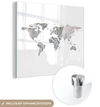 ® Glasschilderij 90x90 cm - Schilderij acrylglas - Wereldkaart - Grijs - Roze - Foto op glas - Muurdecoratie woonkamer - Wanddecoratie slaapkamer - Schilderijen