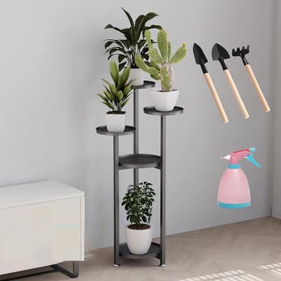 Plantenstandaard Metaal - Bloemenrek Opbergrek - Planten Presenteren - 4 Laags Ontwerp - 80 cm Hoog - Zwart