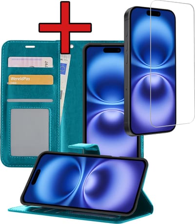 Hoesje - Met Screenprotector - Geschikt voor Apple iPhone 16 - Luxe Pasjeshouder - Flipcase - Bookcase Portemonee - Flip Case - Kunstleer Book Case - Book Cover - Walletcase - Portemonneehoes - Telefoonhoes - Turquoise