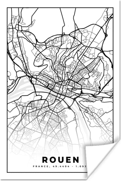Poster Frankrijk - Rouen - Kaart - Plattegrond - Stadskaart - Zwart wit - 120x180 cm XXL