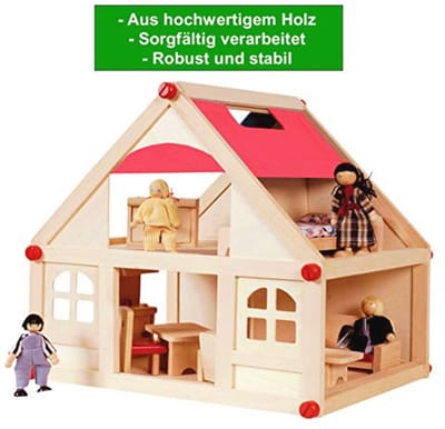 Houten Poppenhuis met 2 Etages, 4 Beweegbare Poppen en 9 Meubels voor Kinderen