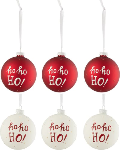 J-Line kerstbal Hohoho! - glas - wit/rood - doos van 6