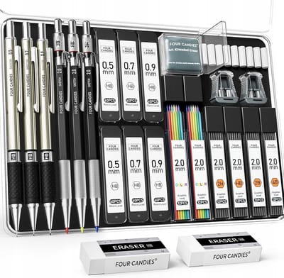 Set van 6 Mechanische Potloden - Metaal, Compleet met Accessoires