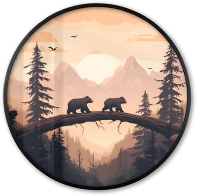 Poster in lijst Rond - Fotolijst 60x60 cm - Posters - Beren - Bomen - Landschap - Zonsondergang - Ronde posterlijst zwart - Decoratie - Wanddecoratie woonkamer - Muurdecoratie slaapkamer