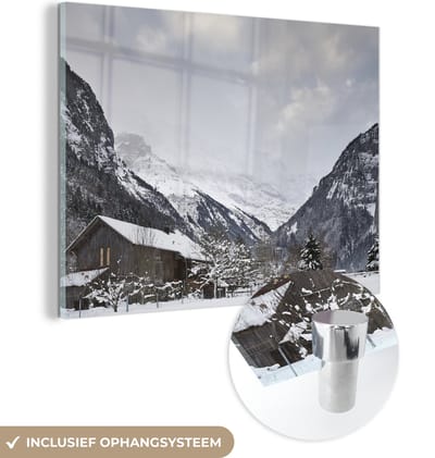® Glasschilderij 160x120 cm - Schilderij acrylglas - Houten chalet bij de Schilthorn in Zwitserland - Foto op glas - Muurdecoratie woonkamer - Wanddecoratie slaapkamer - Schilderijen
