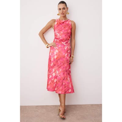 Roze abstracte midi-jurk zonder mouwen voor dames, stijlvolle/nachtjurk
