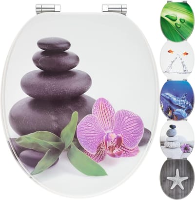 Toiletzitting met motief - WC deksel - Stil sluitend - Houten kern - 43.7 x 37.5 cm - Wit