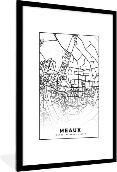 Fotolijst incl. Poster Zwart Wit- Stadskaart - Meaux - Plattegrond - Kaart - Frankrijk - Zwart wit - 80x120 cm - Posterlijst