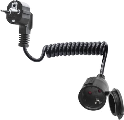 Retractable Spiral Schuko Extension Cable 90 Degrees - Short Power Cord 3 x 1.0 mm² 5A 230V IP44