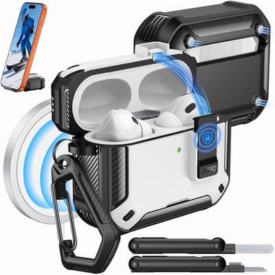 AirPods Pro 3 Hoes met Vergrendeling - Geschikt voor MagSafe, Telefoonstandaard & Auto Pop-up, Militaire Bescherming met Schoonmaakset, Zwart en Wit