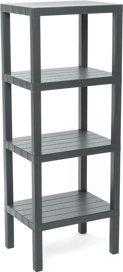 4 planken, polypropyleen, BPA-vrij, houteffect, antislipbumpers, max. 10 kg per plank, eenvoudige montage. Afmeting 38x29x100 cm. Grijs,