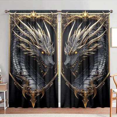 2 stuks 3D Dominerende Zwarte Draak Gedrukte Gordijn voor Huisdecoratie - Tunnel voor Roede Raambekleding voor Slaapkamer, Kantoor, Keuken 132cmX160cm X 2pcs