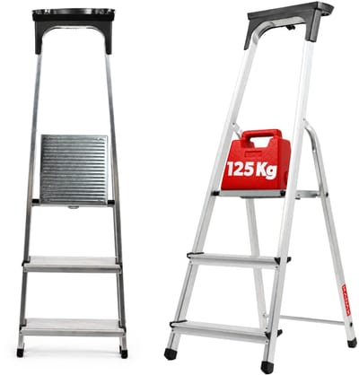 KADAX Aluminium ladder, staande ladder tot 125 kg, trapladder, aluminium veiligheidsladder, inklapbare ladder met plank, aluminium vouwladder, aluminium ladder (3 treden)