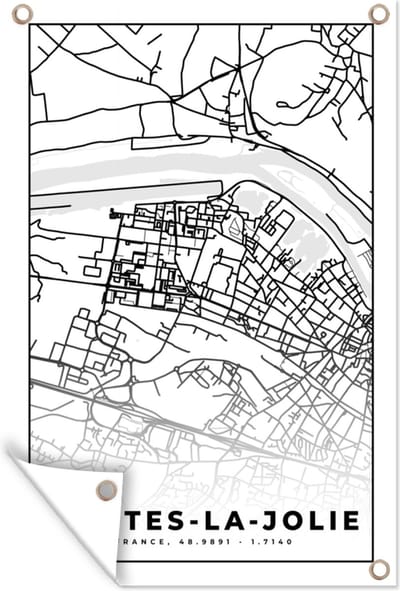 Muurdecoratie Frankrijk - Plattegrond - Stadskaart - Kaart - Mantes-la-Jolie - Zwart wit - 120x180 cm - Tuinposter - Tuindoek
