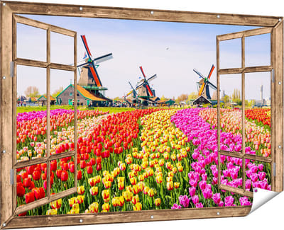 Gards Tuinposter Abstracte Cirkels met een Rode Lijn - 60x40 cm - Tuindoek - Tuindecoratie - Wanddecoratie buiten - Tuinschilderij