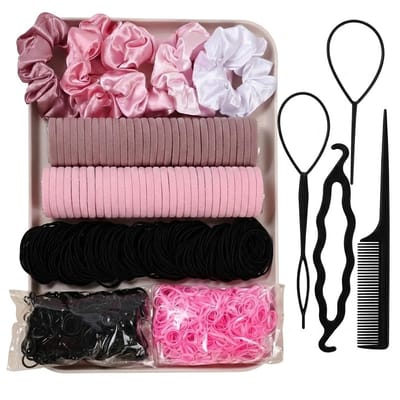 Roze en zwart haar accessoires set – 1109 stuks – haarelastiekjes, mini elastiekjes, scrunchies en haar tools – complete elastiekjes set voor dames – zachte pastel en neutrale styling set