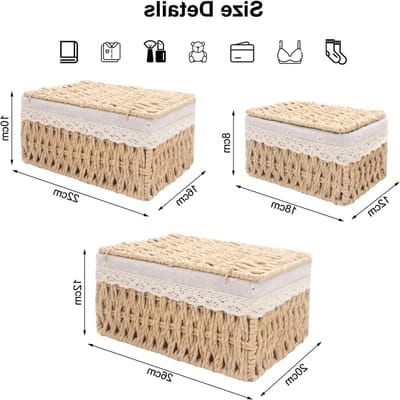 Set van 3 Woven Opbergmanden met Deksel, Rieten Mand met Natuurlijke Papieren Touw en IJzeren Frame, Organizer Box voor Badkamer, Slaapkamer en Planken met Verwijderbare Voering