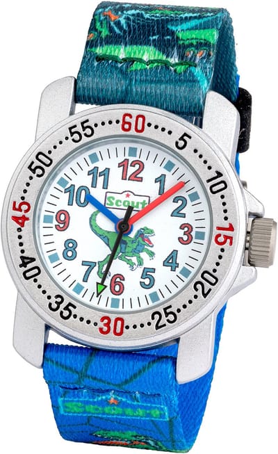 Scout Kinderuhr analog aus der Serie "Action" mit grün blauem Textilband mit Dino-Motiven und Quarzwerk