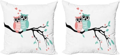 ABAKUHAUS Decoratieve kussenhoezen in turquoise en wit, set van 2, uilenpaar, moderne accenten, dubbelzijdige digitale print, 40x40 cm, zwart