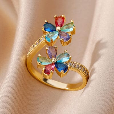 Gekleurde Zirkoon Dubbele Bloemenringen Voor Vrouwen Verguld Roestvrij Staal Bloemen Openingsring Bruiloft Esthetische Sieraden Cadeau resizable beige