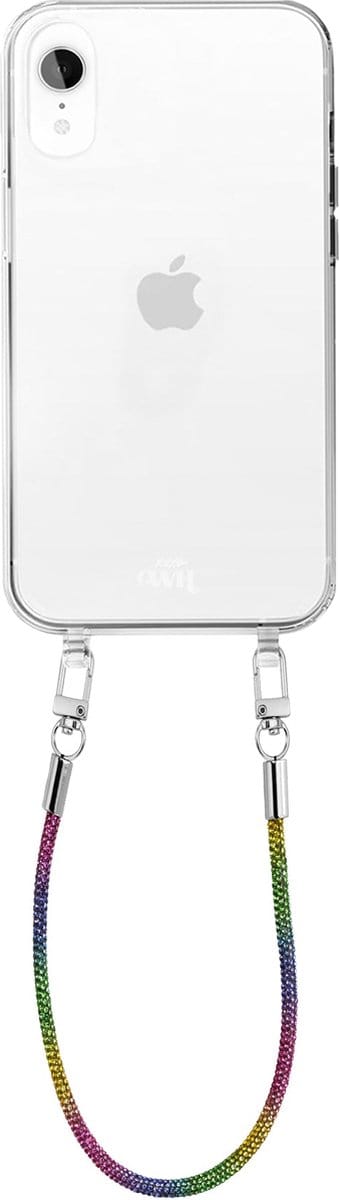xoxo Wildhearts silicone case met koord - Transparant telefoonhoesje met koord - telefoonketting - Rainbow Diamonds - Cord Case - geschikt voor Apple iPhone XR hoesje - Diamanten ketting - diamant - regenboog - meerkleurig