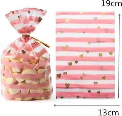 50x Transparante Zakjes Roze Gestreept Met Sluitstrips - Uitdeelzakjes - Uitdeelzakjes Hart - Snoepzakjes - Uitdeelzakjes Kinderfeest - Zakjes Roze met Gouden Hartjes