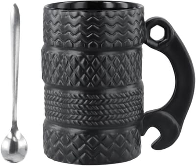 Dailygoods- Bandenmok 3D ontwerp - Keramiek - Grote capaciteit 500 ml - Inclusief lepel - Magnetron- en vaatwasmachinebestendig - Voor autoliefhebbers - Koffiemok