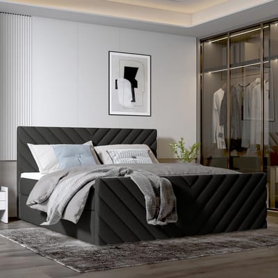 Boxspring 200x200 cm met opbergladen, matras H3 en topper – tweepersoonsbed met opbergruimte, ademend matras, modern design zonder voetbord – middernachtblauw – Urbanhome