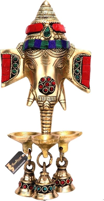 Brass Ganesha Wandlamp voor Thuisdecoratie met Klokken - Diya en Oli lamp