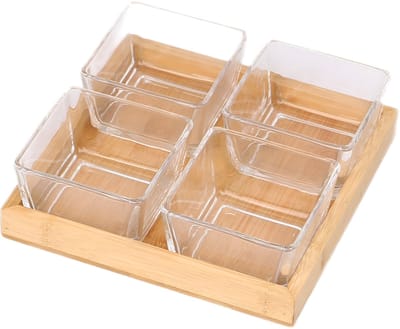 Cheffinger, Set van 4 Glazen Kommen met Natuurlijke Bamboe Basis Solide en Praktisch, Transparant