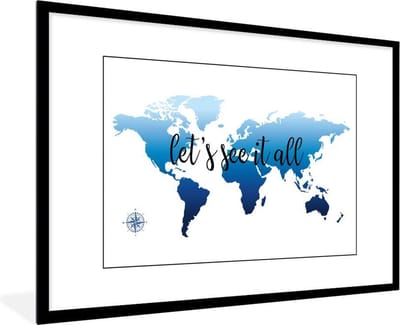 Poster in lijst - Fotolijst 90x60 cm - Posters - Wereldkaart - Blauw - Kompas - Posterlijst zwart - Decoratie - Wanddecoratie woonkamer - Muurdecoratie slaapkamer