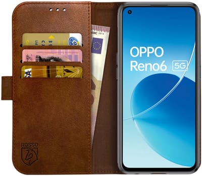 Rosso Element Book Case Wallet Hoesje Geschikt voor Oppo Reno 6 5G | Portemonnee | 3 Pasjes | Magneetsluiting | Stand Functie | Bruin