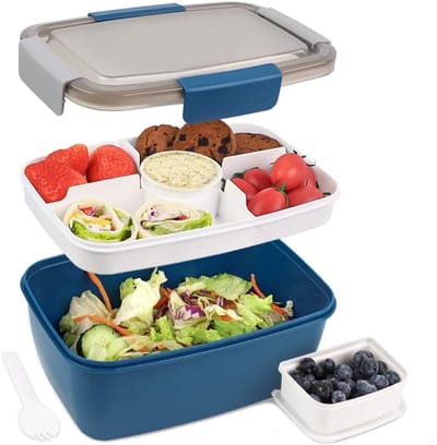 TOVBMUP Lunchbox - 2000 ml - Bento box - met vakken - Saladebakje - met sausbakje - Magnetron- en vaatwasserbestendig - Geschikt voor kinderen en volwassenen - Blauw