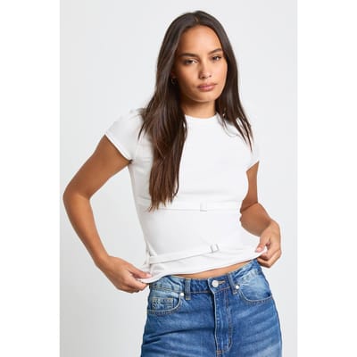 boohoo Dames Top met ribbelgespende riemdetail | Cream | Maat: 10